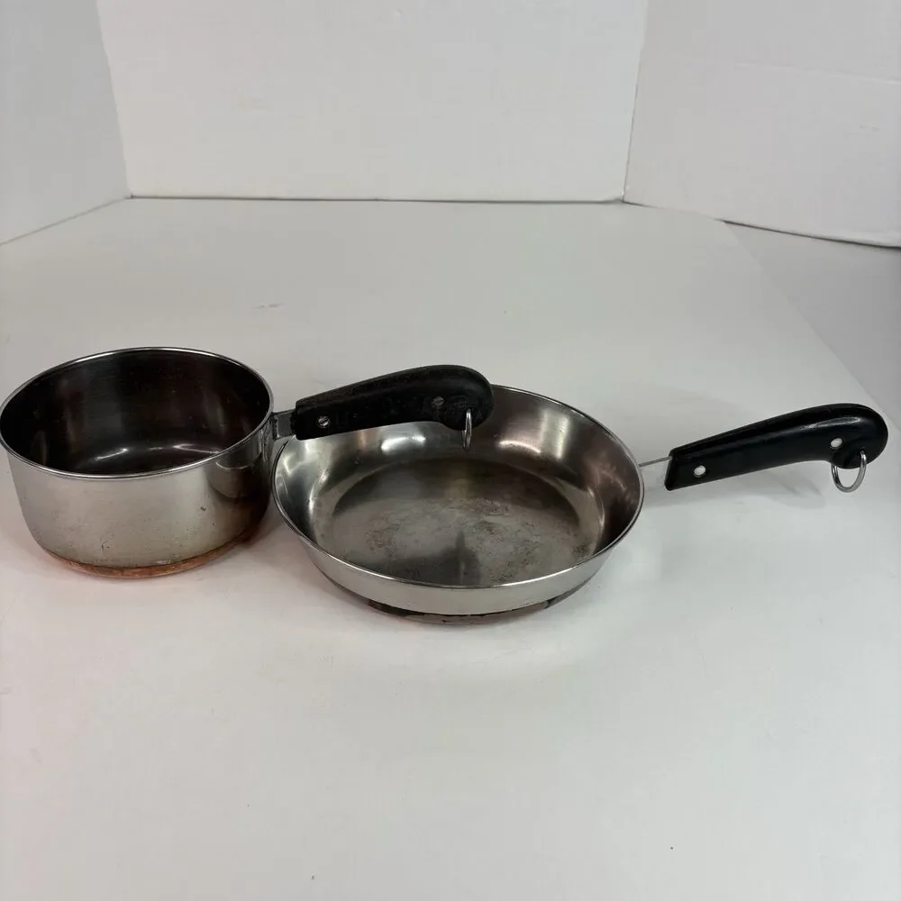 Vintage Revere Ware 2 Piece Set, 8” Frying Pan, 1 Qt Pot, Copper Bottom